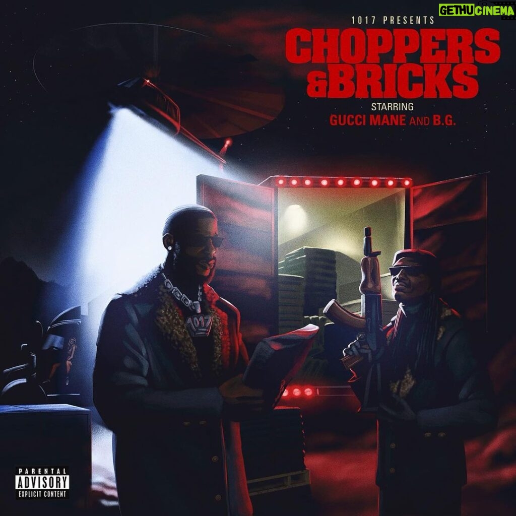Gucci Mane Instagram - Early Christmas Present for the streets me and @new_bghollyhood dropping our collab mixtape #ChoppersandBricks tonite drop a 🥶🥶 if y’all ready
