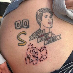 Guy Montgomery Instagram - @patrickschwarzenegger you’ve got company (swipe to see who)

New tattoo courtesy of Olive’s (8) beautiful artistry and a very poor season of fantasy football

Thanks to @imposter_inc for the flawless execution