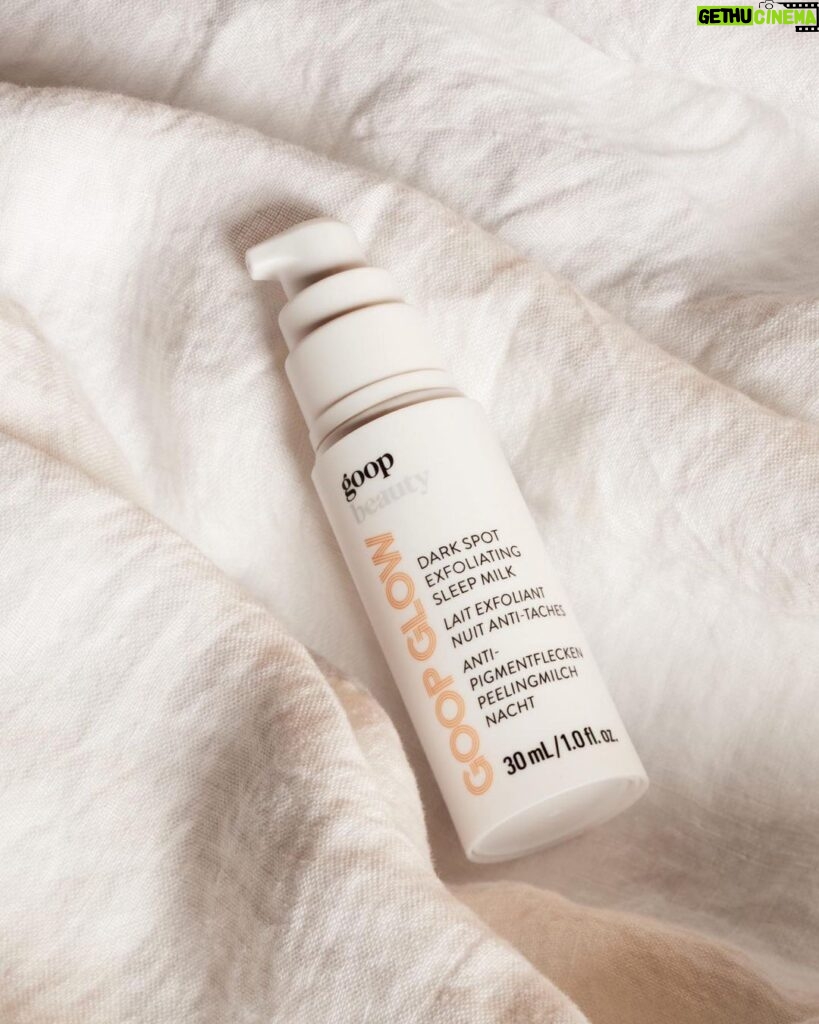 Gwyneth Paltrow Instagram - I love to sleep. I love to exfoliate. And I love anything that does all the work while I’m in bed, which is why I'm thrilled to introduce our BRAND NEW GOOPGLOW Dark Spot Exfoliating Sleep Milk. This serum targets sun damage, dark spots, pores, dullness, and uneven skin tone and texture, too. It simplifies my whole routine by addressing multiple skin issues at once, and it feels so good—silky, not sticky like high-acid serums can be, with this plush, soothing texture. I smooth it on every night before bed and I wake up with baby-soft, glowy, hydrated skin. Try it and I promise—you will see results, both overnight and over time. #linkinbio to shop. ​