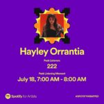 Hayley Orrantia Instagram - thank you to everyone who has streamed & shared my music this year. music means the world to me and to have any of my songs resonate with you truly fills my soul 💜 thank you thank you thank you!!! also idk what happened on july 18th but I love the 222 angel number 😉