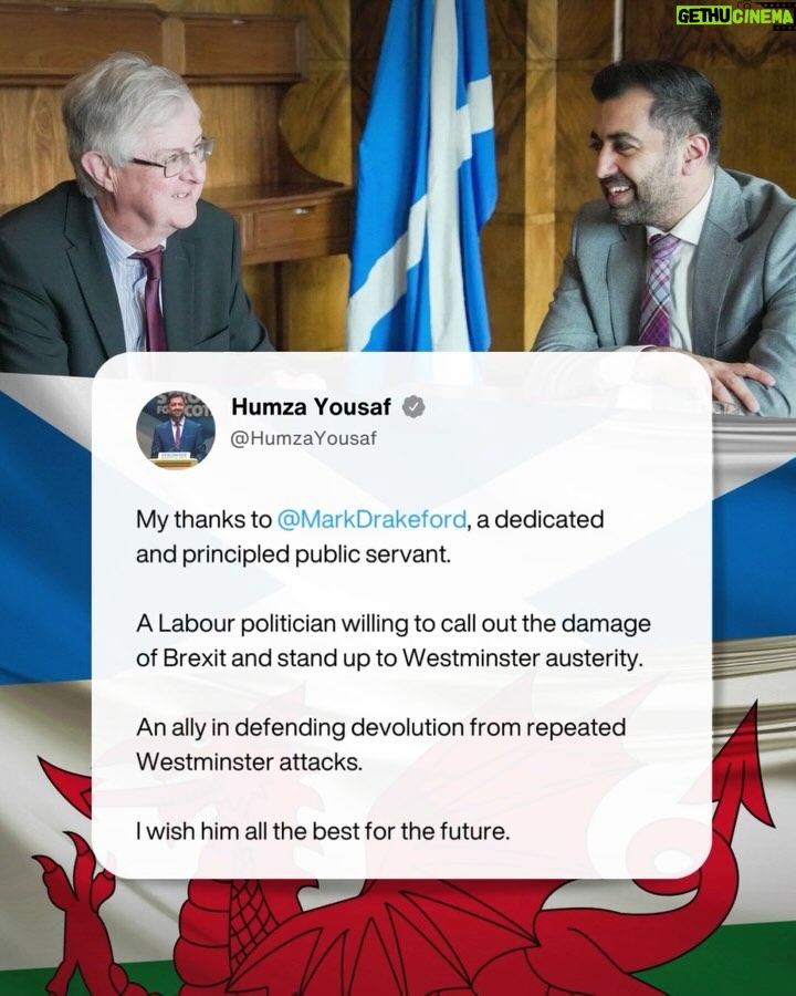 Humza Yousaf Instagram - My thanks to @markdrakefordwales, a dedicated and principled public servant. A Labour politician willing to call out the damage of Brexit and stand up to Westminster austerity. An ally in defending devolution from repeated Westminster attacks. I wish him all the best for the future.