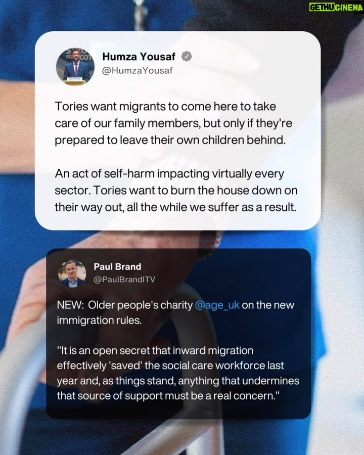 Humza Yousaf Instagram - Tories want migrants to come here to take care of our family members, but only if they’re prepared to leave their own children behind. An act of self-harm impacting virtually every sector. Tories want to burn the house down on their way out, all the while we suffer as a result.