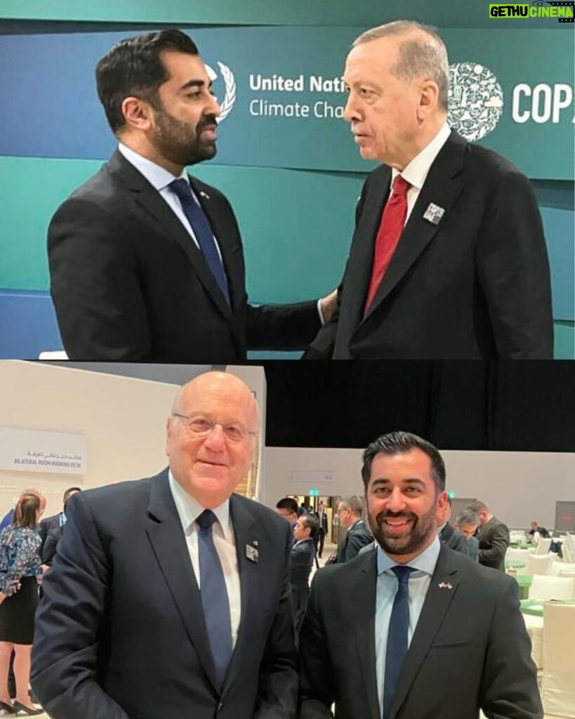 Humza Yousaf Instagram - As well as discussing the urgency of global action on tackling the climate crisis, I spoke to @rterdogan and Lebanon Prime Minister Najib Mikati about the humanitarian catastrophe in Gaza. An immediate and permanent ceasefire is needed now. Too many innocent children have died, it must stop. Dubai, United Arab Emirates