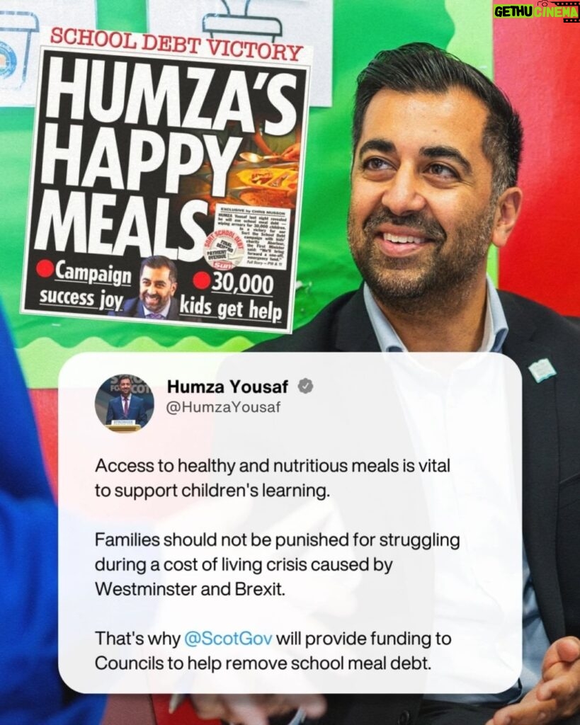 Humza Yousaf Instagram - Access to healthy and nutritious meals is vital to support children's learning. Families should not be punished for struggling during a cost of living crisis caused by Westminster and Brexit. That's why @scotgov will provide funding to Councils to help remove school meal debt.