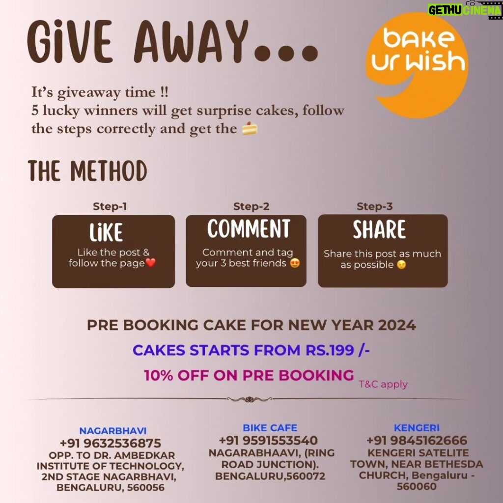 Inchara Joshi Instagram - Hey guyz!! I have got a great news for you❤️ Let your 2024 winning start from our new year giveaway 😍 . . Here's a small giveaway from us this New year. Giving away 5 Customised Cake in your Favourite Flavour!! Guidelines for participating in the giveaway : 1. Like the post ,follow and tag us in your story @bakeurwish. 2.Tag 3 of your friends in comments, who u would like to celebrate this new year with and make sure they follow us @bakeurwish 3.Share this post as much as possible. 🥳 Waynad, Kerala.