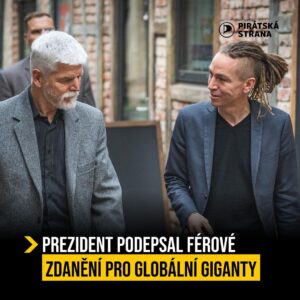 Ivan Bartoš Instagram - Roky se mluvilo o zdanění nadnárodních korporací, které v Česku vydělávají miliardy, ale neplatí tu daně. Pracovali jsme proto na zákoně, který tuto nespravedlnost narovná. Tyto firmy nově budou platit v Česku férovou daň. Přinese to přes 2 miliardy navíc. A ne, nejde o zvyšování daní. To, co zaplatí v Česku, si mohou odepsat v té zemi, kde mají sídlo. Díky moc panu prezidentovi, že tento zákon podepsal.