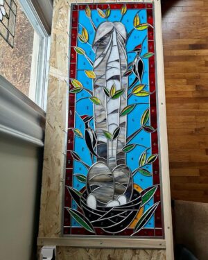 Ivy Winters Instagram - One of the most complicated windows I’ve made! Titled The Birch. Need to finish him by giving him a good polish and set him in a frame. Very happy the way he shines in the light! Ok off to play in the garden and think about what to design next. 😁 #stainedglass #leadedwindow #birch #birchtree #woodpecker #glass