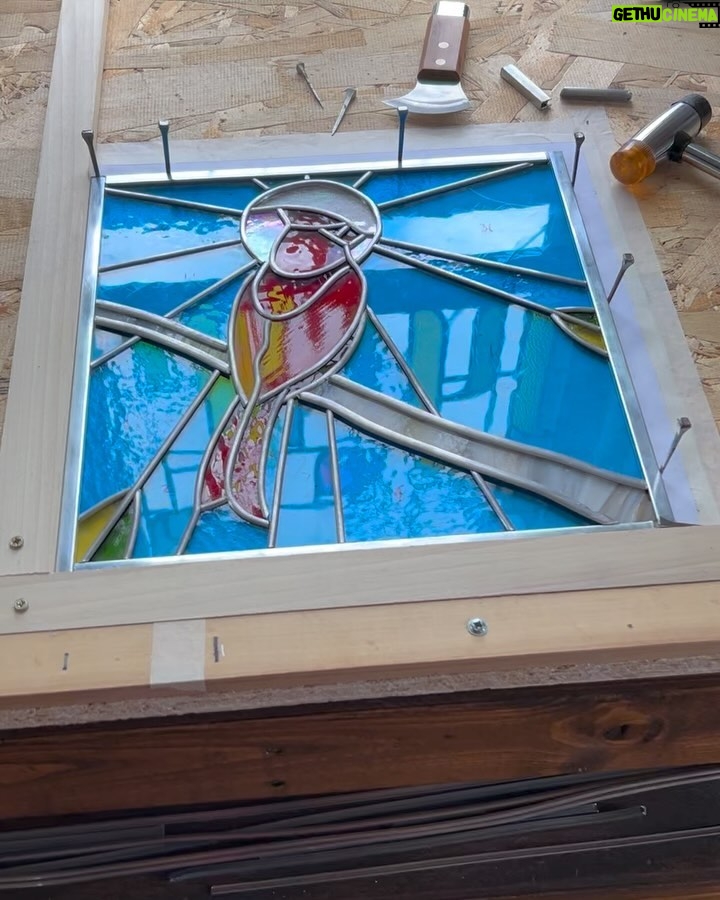 Ivy Winters Instagram - A cardinal panel I created for my cousin ❤️ I enjoyed making this piece for her. I included a little video of the cementing process. It was a breezy cold day and my wind-chimes were just a singing ❤️ #cardinal #stainedglass #leadedwindow #cement #windchimes