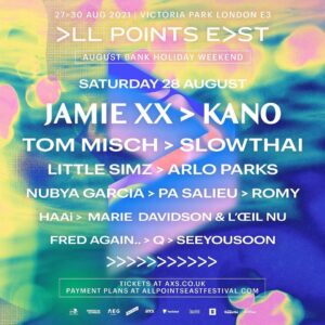 Jamie XX Instagram - It’s been a while! I’m soo excited for us all to be dancing together again @allpointseastuk in London in August. Find info and tickets at the link in stories.