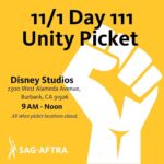 Janet Varney Instagram - REPOSTING @sagaftra LOS ANGELES #SagAftraMembers! We’ll be at Disney Studios TOMORROW, 11/1 for our Day 111 Unity Picket! All other picket locations will be closed. Join us from 9 AM-noon as we continue the fight for a fair contract. Use your voice, show up and be #SagAftraStrong! 💪✊ Image Description: On a yellow background. At the top. In large, black text: 11/1 Day 111 Unity Picket. In the bottom right corner, extending to the top. A white closed fist. In the middle, next to the fist, in black text: Disney Studios. 2300 West Alameda Avenue, Burbank, CA 91506. Below, in small, italicized, black text: All other picket locations closed. In the bottom left corner. A white figure with its right arm upraised. Next to it. In white text: SAG-AFTRA.