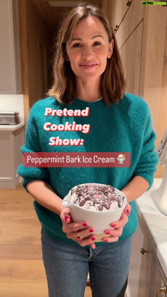 Jennifer Garner Instagram - #PretendCookingShow: Peppermint Bark Ice Cream 🍨#KitchenAidAmbassador One of my favorite treats of the season is peppermint bark. But peppermint bark in ice cream form? Now that really jingles my bells! Refreshing and wintry. 🍨🌱🍫 Yum! #ad . Peppermint Bark Ice Cream adapted from @elanneboake’s TikTok Ingredients: - 1 cup 2% milk - ⅔ cup half & half - 1 ½ cup heavy cream - ⅔ cup sugar - 1 teaspoon peppermint extract - 1 teaspoon vanilla - Pinch salt - For mix-ins: candy canes, chocolate bar . Directions (using your handy dandy @kitchenaidusa stand mixer attachments!): 1. Whisk together all of the ice cream ingredients in a bowl. Chill mixture in the fridge for 24 hours. I’m not this organized, but for best results, chill the bowl you’re working with in the freezer for 24 hours before use, too! 2. Sometime while it’s chilling and your stand mixer is free, grate your chocolate with your #KitchenAid Food Grinder attachment. Hot tip: grating your chocolate makes for an even and smooth melt! 3. When ready, add the ice cream base to your frozen KitchenAid Stand Mixer Ice Cream Maker Attachment and churn churn churn— ~20-30 mins. 4. During the churn, melt your chocolate! Crush some candy canes to mix in and sprinkle on top, as well. 5. Add the melted chocolate to a plastic bag and, with about 5 mins left of mixing, pipe it into the churning ice cream base. Save some to drizzle on top. 6. Transfer to a freezer safe container, fold in your crushed candy canes, drizzle extra chocolate on top and store accordingly. 7. Yum! 🤶🏻