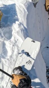 Jeremy Jones Instagram - This was the most serious line I rode last year. After I rode it with @goodmannnnnn I called @highcamp.us who first rode it over 20 years ago. “That’s a spicy line” I said. He gave his usual laugh, agreed and added “I brought an inclinometer with me. The top measured in the mid 50’s.” I have no idea about slope angles but those first turns still make my palms sweat. The snow is far from glory powder but pretty close to optimal for a line like this. Deep powder would have been a mega wallow climbing, the sluff would be a nightmare and a small avi would be really serious. It’s also an example of how important it is to put in time riding firm, variable steeps at the resort so you are ready when the stakes are higher. Volume recommended. #techgnar @karakorambc @thirtytwo