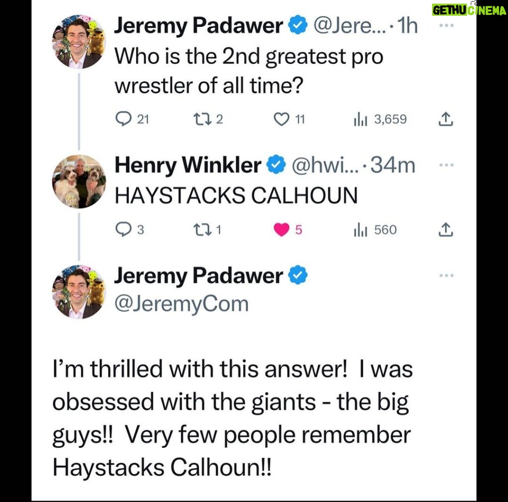 Jeremy Padawer Instagram - This is why I love Twitter. You just never know who might respond! So, who do you think is the 2nd greatest wrestler of all time?!