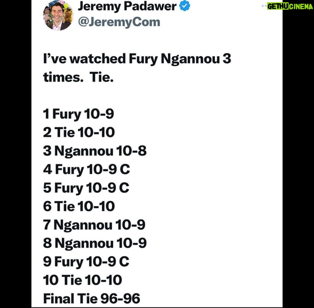 Jeremy Padawer Instagram - Roll this back after Usyk. Don’t make Ngannou fight anyone else except the winner of that fight. It was that close… and I absolutely think Tyson Fury is phenomenal historically. There were 6 very close rounds. Ngannou won 3 rounds w a 10-8. Fury won 4 rounds. 3 were very close. 3 rounds were even. This was as close of a fight as one could score. Heavyweight lineal undefeated champion of 14 years is going to get the benefit of the doubt in some minds, but even with that it was a tie. If you look at the fight without knowing a thing about a boxing debut, I still see a tie or edge to Ngannou. This was wild. In my opinion, what happened last night is one of the greatest athletic feats of all time. Ngannou making a boxing debut at 37 years old against a 14 year undefeated giant… an all time great still only 35. I’m blown away. Unreal. Seemingly impossible and makes Rocky look like a reality show. The movie rights to this will be expensive. 😃❤️