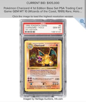 Jeremy Padawer Instagram - A few auctions I’m watching very closely closing in a few hours… with predictions.

1) 1996 Pokémon TCG No Rarity Symbol PSA 10 Charizard.  It’s an absolute grail.  The pop report is 8.  I’ve heard it’s slightly less.  Ultimately this sells for a multiple of the 1999 1st edition PSA 10 Charizard.  We might be a generation from that.  In my opinion, it’s that big of a card.  It’s not as underrated as the 1996 PSA 10 Carddass historically, but it’s vastly underrated.  And it’s tempting.  It’s 1 of a very few cards I’m missing pre-2000 PSA 10 Charizard and Pikachu.  Current bid is $126,000 with BP.  My estimation is $300-$350k w BP.  Anything below $250k is remarkable in my opinion with serious long term upside.  And today may show just how big this card is already. (FINAL / REALIZED AUCTION PRICE - $300,000… within my $300-$350k estimate.) 

2) 1999 1st edition Charizard PSA 10.  It’s the most famous Pokémon card - the grail people know.  The PSA 10 pop report has barely moved in years.  In the past few years this card has settled into the $210-230k range.  They rarely come up for auction.  2-3x per year.  Current bid $120k with BP.  My estimation is $210-$230k w BP. (FINAL / REALIZED AUCTION PRICE - $218,750… within my $210-$230k estimate.) 

3) - 4) 1999 1st edition Blastoise and Venosaur PSA 10. Low ppp.  Current bid $13,500 w BP for Blastoise.  Selling $23,000 - $25,000 most recently.  Estimation $25,000 due to rarity.  Venosaur Estimation $12,500-$15,000. (FINAL / REALIZED AUCTION PRICE - $21,250 and $11,875… about 15% and 5% below my final bid expectation.) 

5) The Pikachu Illustrator PSA 9 closes in 4 days and it’s the grail of grails… it’s the Honus of Pokémon.  While the 1st edition Charizard 1999 is the 1952 Mantle.

The first 4 auctions close on @heritagetcg @heritageauctions in about 2 hours.  The illustrator on @goldinco in 4 days.