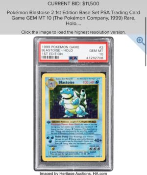 Jeremy Padawer Instagram - A few auctions I’m watching very closely closing in a few hours… with predictions.

1) 1996 Pokémon TCG No Rarity Symbol PSA 10 Charizard.  It’s an absolute grail.  The pop report is 8.  I’ve heard it’s slightly less.  Ultimately this sells for a multiple of the 1999 1st edition PSA 10 Charizard.  We might be a generation from that.  In my opinion, it’s that big of a card.  It’s not as underrated as the 1996 PSA 10 Carddass historically, but it’s vastly underrated.  And it’s tempting.  It’s 1 of a very few cards I’m missing pre-2000 PSA 10 Charizard and Pikachu.  Current bid is $126,000 with BP.  My estimation is $300-$350k w BP.  Anything below $250k is remarkable in my opinion with serious long term upside.  And today may show just how big this card is already. (FINAL / REALIZED AUCTION PRICE - $300,000… within my $300-$350k estimate.) 

2) 1999 1st edition Charizard PSA 10.  It’s the most famous Pokémon card - the grail people know.  The PSA 10 pop report has barely moved in years.  In the past few years this card has settled into the $210-230k range.  They rarely come up for auction.  2-3x per year.  Current bid $120k with BP.  My estimation is $210-$230k w BP. (FINAL / REALIZED AUCTION PRICE - $218,750… within my $210-$230k estimate.) 

3) - 4) 1999 1st edition Blastoise and Venosaur PSA 10. Low ppp.  Current bid $13,500 w BP for Blastoise.  Selling $23,000 - $25,000 most recently.  Estimation $25,000 due to rarity.  Venosaur Estimation $12,500-$15,000. (FINAL / REALIZED AUCTION PRICE - $21,250 and $11,875… about 15% and 5% below my final bid expectation.) 

5) The Pikachu Illustrator PSA 9 closes in 4 days and it’s the grail of grails… it’s the Honus of Pokémon.  While the 1st edition Charizard 1999 is the 1952 Mantle.

The first 4 auctions close on @heritagetcg @heritageauctions in about 2 hours.  The illustrator on @goldinco in 4 days.