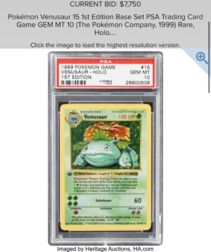 Jeremy Padawer Instagram - A few auctions I’m watching very closely closing in a few hours… with predictions.

1) 1996 Pokémon TCG No Rarity Symbol PSA 10 Charizard.  It’s an absolute grail.  The pop report is 8.  I’ve heard it’s slightly less.  Ultimately this sells for a multiple of the 1999 1st edition PSA 10 Charizard.  We might be a generation from that.  In my opinion, it’s that big of a card.  It’s not as underrated as the 1996 PSA 10 Carddass historically, but it’s vastly underrated.  And it’s tempting.  It’s 1 of a very few cards I’m missing pre-2000 PSA 10 Charizard and Pikachu.  Current bid is $126,000 with BP.  My estimation is $300-$350k w BP.  Anything below $250k is remarkable in my opinion with serious long term upside.  And today may show just how big this card is already. (FINAL / REALIZED AUCTION PRICE - $300,000… within my $300-$350k estimate.) 

2) 1999 1st edition Charizard PSA 10.  It’s the most famous Pokémon card - the grail people know.  The PSA 10 pop report has barely moved in years.  In the past few years this card has settled into the $210-230k range.  They rarely come up for auction.  2-3x per year.  Current bid $120k with BP.  My estimation is $210-$230k w BP. (FINAL / REALIZED AUCTION PRICE - $218,750… within my $210-$230k estimate.) 

3) - 4) 1999 1st edition Blastoise and Venosaur PSA 10. Low ppp.  Current bid $13,500 w BP for Blastoise.  Selling $23,000 - $25,000 most recently.  Estimation $25,000 due to rarity.  Venosaur Estimation $12,500-$15,000. (FINAL / REALIZED AUCTION PRICE - $21,250 and $11,875… about 15% and 5% below my final bid expectation.) 

5) The Pikachu Illustrator PSA 9 closes in 4 days and it’s the grail of grails… it’s the Honus of Pokémon.  While the 1st edition Charizard 1999 is the 1952 Mantle.

The first 4 auctions close on @heritagetcg @heritageauctions in about 2 hours.  The illustrator on @goldinco in 4 days.