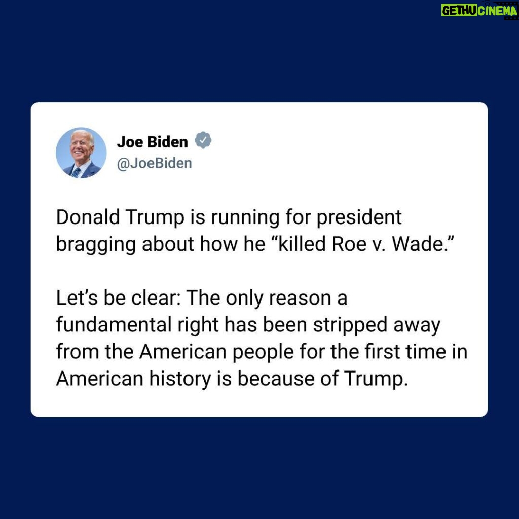 Joe Biden Instagram - Let’s be clear: The only reason a fundamental right has been stripped away from the American people for the first time in American history is because of Trump.