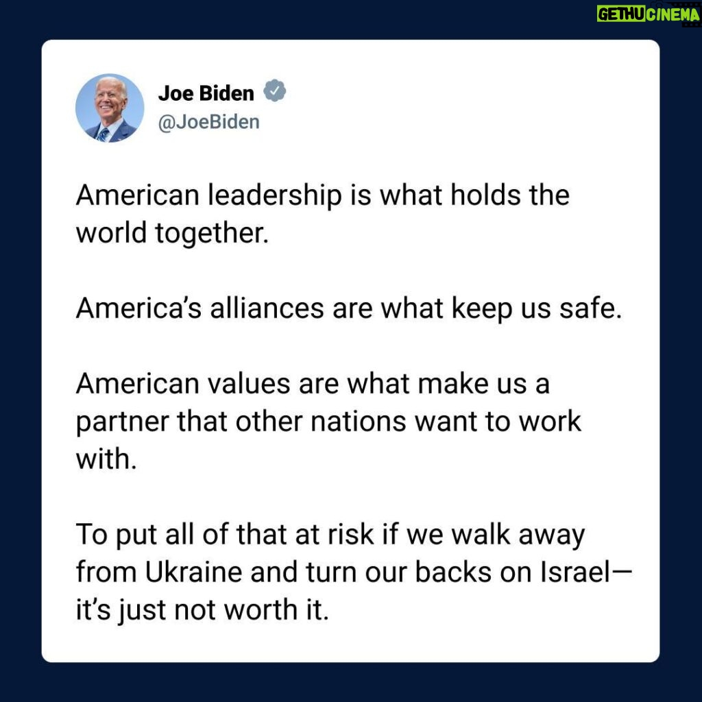 Joe Biden Instagram - To put all of that at risk if we walk away from Ukraine and turn our backs on Israel—it’s just not worth it.