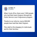 Joe Biden Instagram – When I took office, there were 7,000 people who had their loans forgiven through the Public Service Loan Forgiveness program.

Thanks to our reforms, nearly 800,000 people have had their debt forgiven.

This relief is life-changing for individuals and for their families.