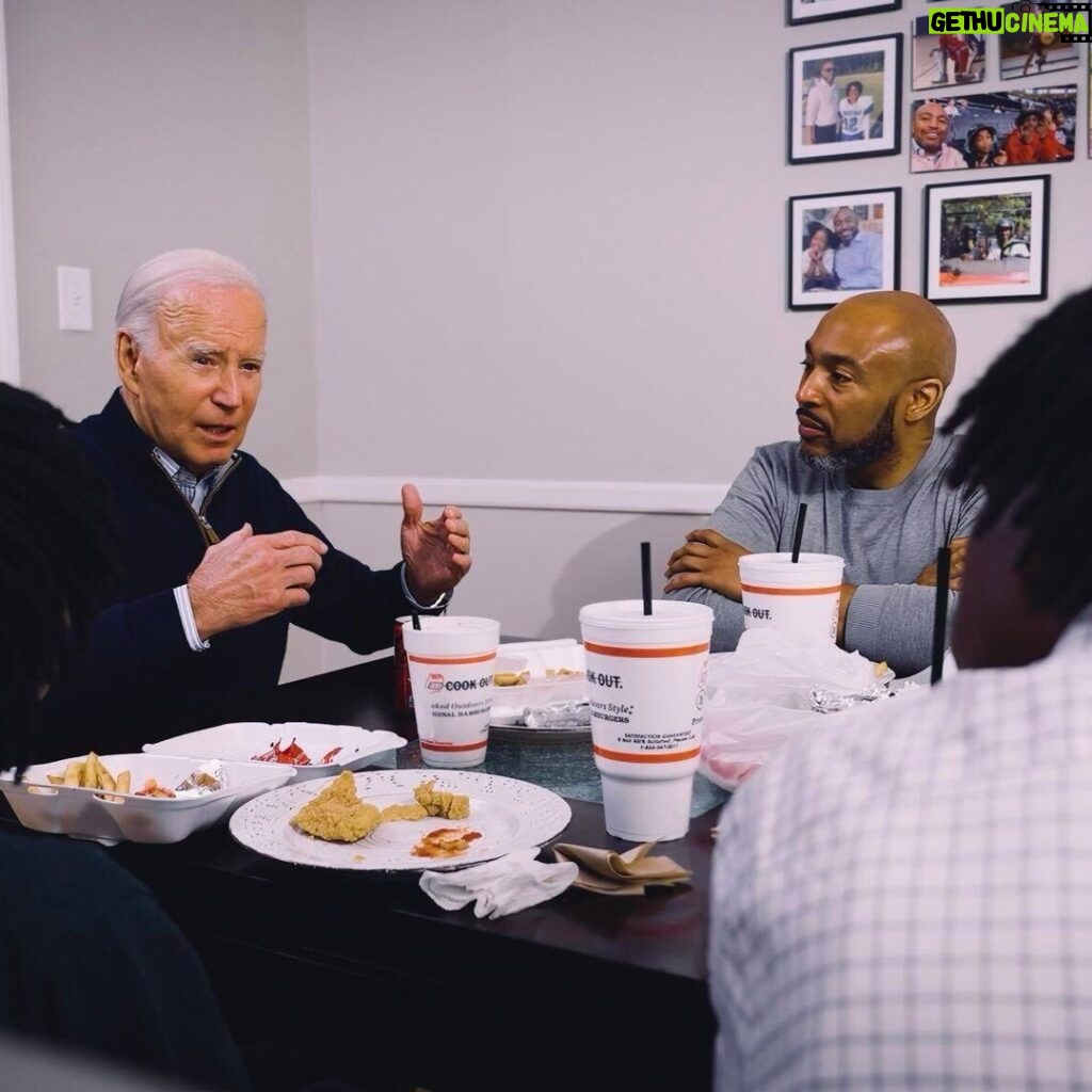 Joe Biden Instagram - Yesterday in North Carolina, I stopped by Eric’s house to have lunch with him and his two sons. I brought some Cook Out. They were an impressive family—Eric’s an award-winning educator and his sons are both athletic and academic all stars. We talked about the importance of family, building intergenerational wealth, the state of our schools, and I gave his oldest son Christian a couple of tips on what he should get for his first car. Eric had a lot of student debt forgiven, and he told me what a big deal it was for him and his boys. I go to work for families like Eric’s every day—hardworking folks who want to leave something behind for their kids. I loved the time I spent with them. Thanks Eric, for hosting me. Come by our place next time.