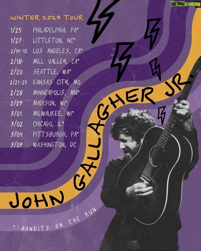 John Gallagher Jr. Instagram - KICKIN’ OFF 2024 BY GOIN’ ON TOUR! The bulk of these shows are supporting my beautiful and brilliant friends @banditsontherun and I am so grateful to them for taking me out on the road. Come say hi! We’re all quite friendly. Tickets on sale now. Link in bio. 1/25 Philadelphia PA* @kungfunecktie_bar 1/27 Littleton NC*  @lakelandcac 2/14-15 Los Angeles CA* @thehotelcafe 2/18 Mill Valley CA* @sweetwatermusichall 2/20 Seattle WA*  @thetripledoor 2/21-25 Kansas City MO @folk_alliance 2/28 Minneapolis MN* @bryantlakebowl 2/29 Madison WI*  @theburoak 3/1 Milwaukee WI*  @anodynecoffee 3/2 Chicago IL*  @hideoutchicago 3/4 Pittsburgh PA*  @clubcafelive 3/9 Washington DC  @kennedycenter The Club at Studio K * with @banditsontherun Poster by @rparx and photo by @lithophyte