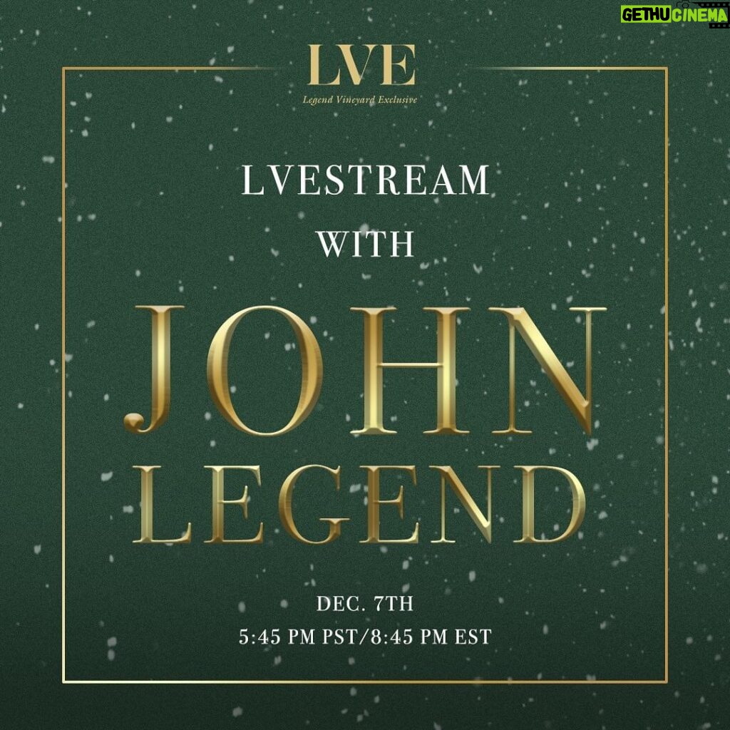 John Legend Instagram - Join me and @lve_wines here on my IG (and TikTok) for our annual LVEstream on Thursday, Dec 7th at 5:45 PM PST/8:45 PM ET. I'm looking forward to sharing some of my favorite holiday songs, and in the spirit of giving, LVE is offering shipping included when you spend $75 or more on lvewines.com before December 25th. Use code SHIPLVE to share the LVE with your loved ones and enjoy a couple of glasses while listening to holiday classics! 🍾 🍾 Remember to click the calendar icon to set a reminder so you don’t miss out. 📸 @mrmikerosenthal