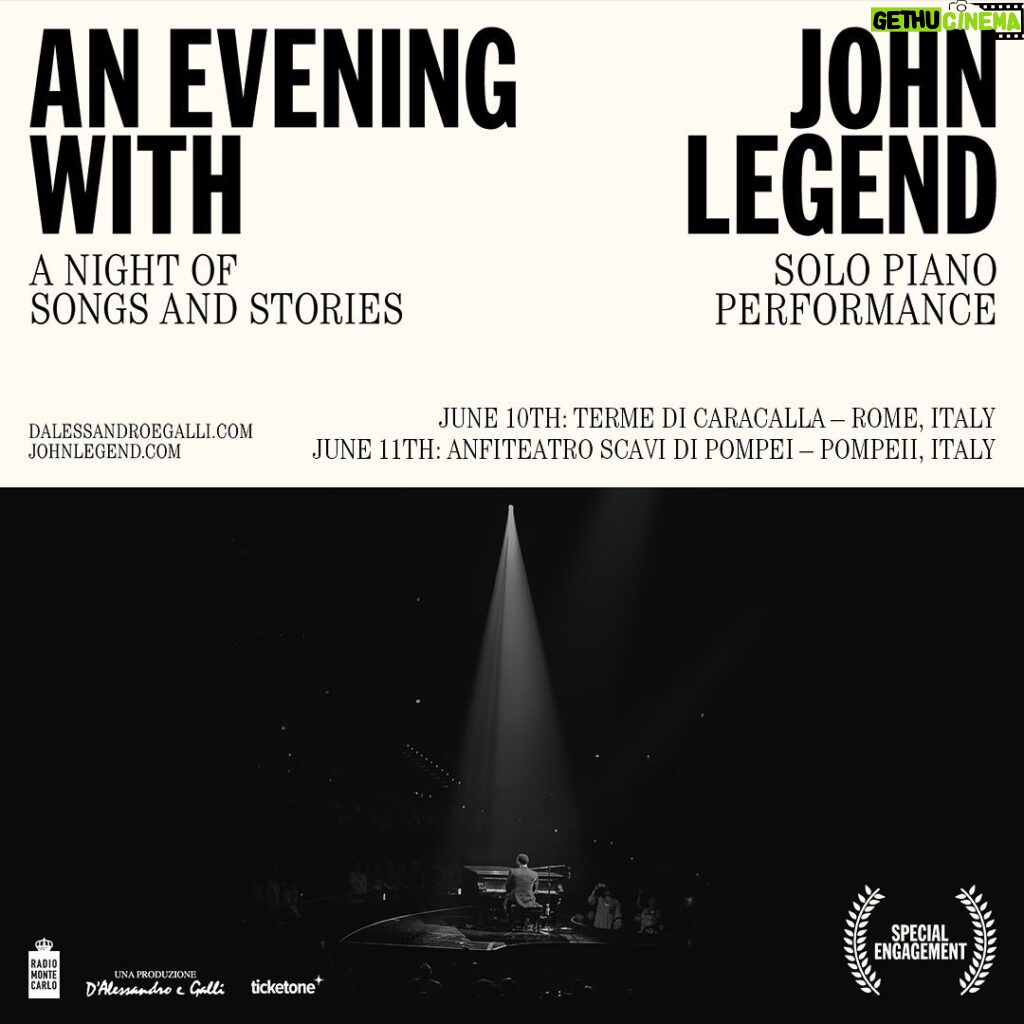 John Legend Instagram - Excited to return to Europe this June! Join me for three special evenings in Rome and Pompeii (on sale 2/23) and Berlin (on sale 2/19).