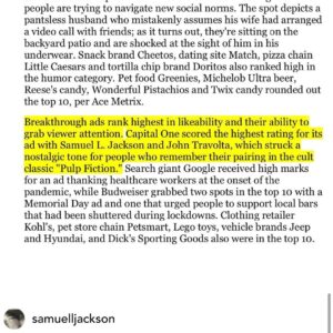 John Travolta Instagram - Congratulations Sam! We were ranked the most liked stand out commercial of the year! 
(Swipe for article.)
