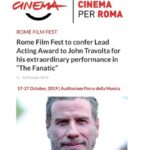 John Travolta Instagram – I’m truly happy to be receiving the Lead Acting Award at this year’s Rome Film Festival!