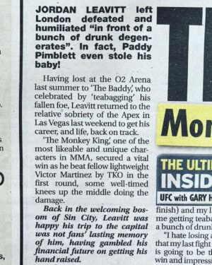 Jordan Leavitt Instagram - Momma! I'm in the paper!!!🐵👑
That's pretty nifty 🥸
I may have to travel across the pond and finish my character arc one day...
#longlivethemonkeyking 

Jokes aside, being a heel in London was loads of fun 🤣

Cred: @garyh_mma

#mma #bjj #ufc #jordanleavitt