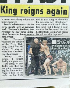 Jordan Leavitt Instagram - Momma! I'm in the paper!!!🐵👑
That's pretty nifty 🥸
I may have to travel across the pond and finish my character arc one day...
#longlivethemonkeyking 

Jokes aside, being a heel in London was loads of fun 🤣

Cred: @garyh_mma

#mma #bjj #ufc #jordanleavitt