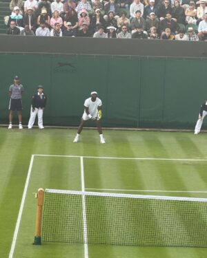 Julianna Margulies Instagram - So much fun at Wimbledon! 
Laughed, watched, 
sipped some Pimms and even got a sweaty hug from Tiafoe after his victory in the first round.
@chelseahandler thanks for being my date! 💕 
#wimbledon