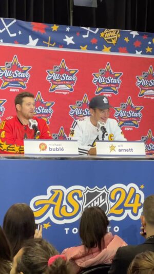 Julie Stewart-Binks Instagram - Michael Buble answering a question about his fantasy hockey team that turns into how many mushrooms he took wasn’t the press conference we wanted, it’s the press conference we needed. 

#NHLallstar #NHLallstardraft #NHL #MichaelBuble #Shrooms #Willar