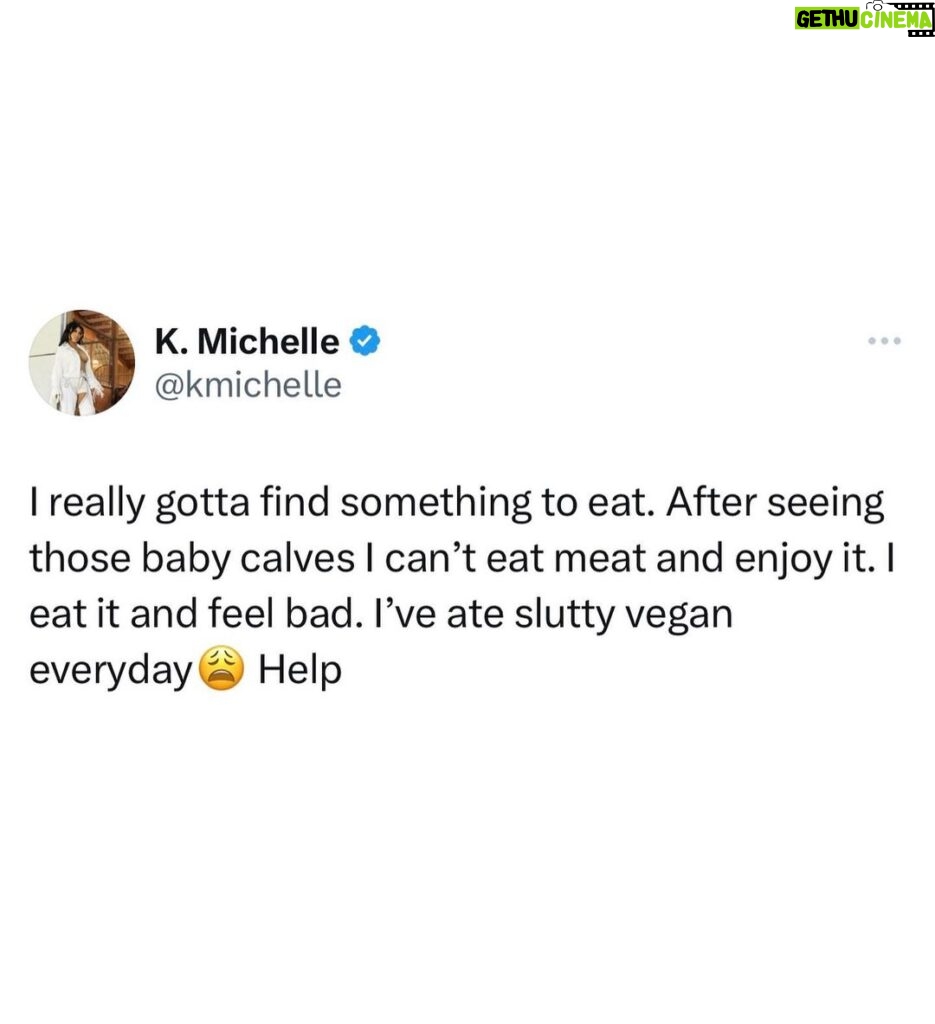 K. Michelle Instagram - I cry like this now every freakin time I gotta eat. My heart breaks I love those freakin animal soooo much @peta we are feeling it. Where are my vegan recipes y’all are supposed to send me??? Thanks for trying to help me. I’m trying. Soooo hard. Be patient with us 😩❤️