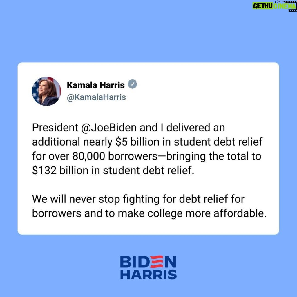 Kamala Harris Instagram - We will never stop fighting for debt relief for borrowers and to make college more affordable.