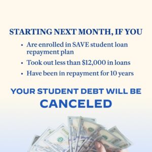 Kamala Harris Instagram - Starting next month, many Americans enrolled in our SAVE plan—the most affordable student loan repayment plan ever—will be eligible to have their loans canceled immediately. 

Learn more at the link in my bio.
