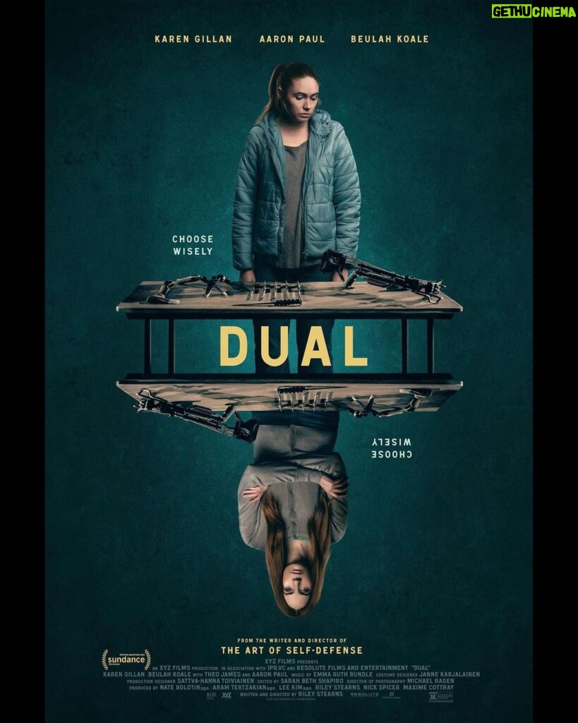 Karen Gillan Instagram - THIS IS EXTREMELY EXCITING!!! Dual played Sundance back in January and now it’s coming out in theaters in the 🇺🇸 April 15th!!! Get ready for double the amount of ginger. International release dates coming soon. @rileystearns @aaronpaul @beulahkoale #dualmovie