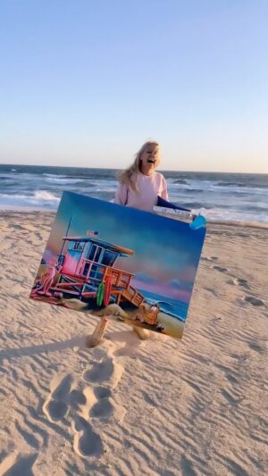 Karin Brauns Instagram - When you think it’s a great idea to finish up your painting at sunset on the beach and it turns out to be a storm disaster 😬

#manhattanbeach #art #artist #artsale #gallery #beach #popart #pinkpanther #socal #garfield #cartoons #socal #pink #lifeguardtower #wind #ocean #moments @colorfulsinartgallery
