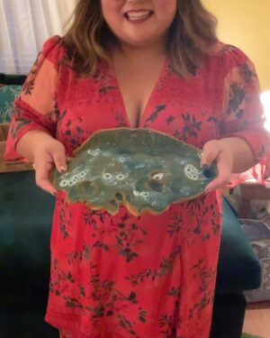 Kether Donohue Instagram - I handbuilt my dear friend @alysewhitney a serving platter!!! The fingerprint holes are for olives! And the “mistake” dents are for toothpick holders!! Was going for an oceanic vibe. I didn’t give it to her for months after making it bc I was sad to see it go after spending time with it but now can’t wait for Alyse’s next dinner party ☺️♥️ #handbuildingpottery (sound on for tour of the platter 🤣) & @matrushkastyle dress in pic 4 👗