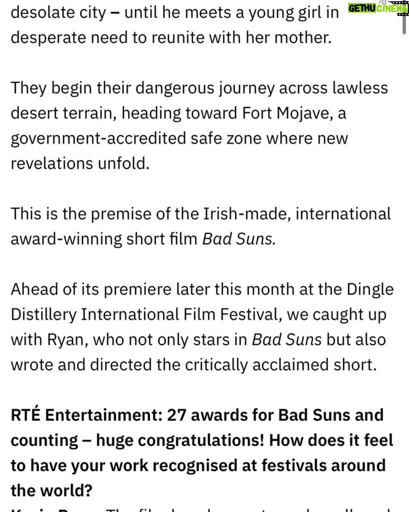 Kevin Ryan Instagram - Massive thanks to @rteone @rte_entertainmentonline for such a great piece on @badsunsfilm LINK IN BIO for full article