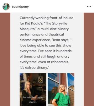 Kid Koala Instagram - Shouts out to the amazing FOH sound engineer @soundpony for her incredible work on @the_storyville_mosquito tour She’s featured in @l.acoustics.official 2023 Women in Pro Audio feature. 🙌 Making it all sound wonderful and adding that magic to the live mix! ✨🎛️🎚️🔈