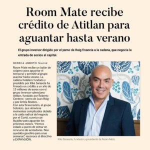 Kike Sarasola Instagram - Han sido semanas muy difíciles. Estoy muy contento de anunciar una ayuda de 15M€ que hemos conseguido para Room Mate. Sé que el sector lo está pasando muy mal. Nosotros hemos sufrido mucho, está siendo una época muy dura. Gracias a todos por vuestro apoyo 👏🏽

These past weeks have been really hard. I’m very happy to announce that we’ve secured a €15 million stimulus for Room Mate. I know the sector is struggling. We've suffered a lot, it’s been a really difficult period. Thank you all for your support 👏🏽 

#RoomMateHotels #ILoveRoomMate #SectorTurístico #TourismIndustry