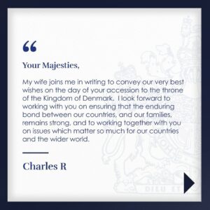 Queen Elizabeth II of the United Kingdom Instagram - A message from His Majesty The King to Their Majesties King Frederik X and Queen Mary on the day of their accession to the throne of the Kingdom of Denmark.

🇩🇰 Et budskab fra Hans Majestæt Kong Charles III til Deres Majestæter Kong Frederik X og Dronning Mary på dagen for tronbestigelsen i Kongeriget Danmark.

@detdanskekongehus