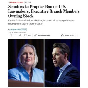 Kirsten Gillibrand Instagram - Democrats, Republicans, and Independents all agree: Public officials shouldn't profit from their positions.

So @joshhawleymo and I are introducing a bill to ban members of Congress, senior executive branch officials, and their spouses and dependents from holding or trading individual stocks — the most substantial bipartisan effort yet to #BanStockTrading.