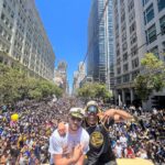 Klay Thompson Instagram - What a difference a year makes. Last year during this time Rick was just letting me get up & down the court 🏃‍♂️. Fast forward to mid June 2022, we poppin champagne 🍾 and having a parade in the city 🌉 GOD IS SO GOOD! We also almost lost Otto , don’t worry he made it back to the bus 😂