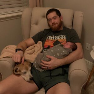 Kyle Greenwood Instagram - Baby Janie’s favorite hobbies include listening to records with Dad. Drinking Mama’s milk, blowing out diapers and getting sniffed on by her Puppy siblings who are very protective. Send coffee please.