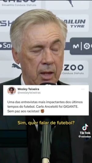 Larissa Bracher Instagram - #todosporvinijr 🔥 "NÃO QUERO FALAR DE FUTEBOL!" A entrevista do técnico do Real Madrid, Carlo Ancelotti, ontem após todo o ocorrido é um exemplo de como o antirracismo é um dever de todos. A tentativa de desviar o foco no que realmente deve ser é totalmente nojenta, mas é o que a mídia espanhola vem fazendo tentando minimizar o caso como uma "provocação" feita pela torcida adversária.

Não foi um caso isolado, já e o 9º caso contra o @vinijr no campeonato espanhol. Temos que colocar holofotes e pedir por punições exemplares para que não se repita. Totalmente inadmissível e inaceitável as agressões constantes que o Vinicius vem passando. Isso NÃO é futebol, é racismo, e racismo é CRIME! RACISTAS NÃO PODEM TER PAZ! ✊🏾