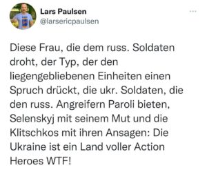 Lars Paulsen Instagram - Kein Fan von so nationalistischem Gefasel, aber der Gedanke hat mich kurz glücklich gemacht und in diesen Zeiten muss man sich mit Gedanken, die einen kurz glücklich machen, glücklich machen. Aber genauso die Leute, die in Russland oder Belarus gegen den Krieg demonstrieren: Wie kann man so heldenhaft sein?! 🇺🇦❤️🇷🇺