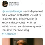 Lauren Jauregui Instagram – So many of you have shared such funny/beautiful/excited thoughts and feelings about receiving #TrustIssues tomorrow which is really MIDNIGHT TONIGHT!! Who’s pre-saved it? And if you haven’t wtf are you doing? Lol go do that right now LOCA (link is exactly where you think it is) (the bio for those of you with poor reading comprehension skills) LOVE YOU AHH #TRUSTISSUES IS ALMOST HERE!! Also feel free to comment why you have trust issues below in the comments👇🏼🥰